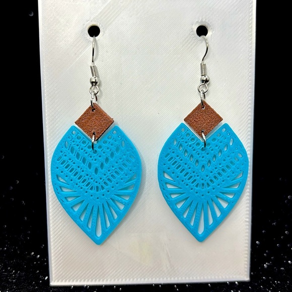 Turquoise and Brown Geometric Earrings - Picture 3 of 4